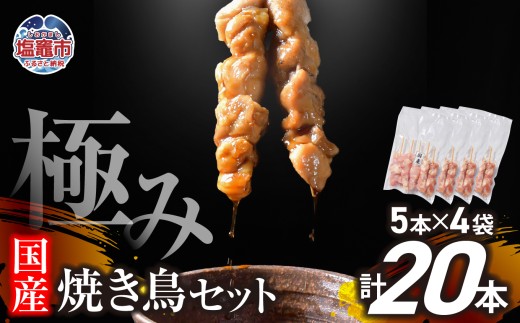 極みの焼き鳥セット 20本(5本入り×4袋) ｜ 手づくり こだわり 焼き鳥 焼鳥 セット 国産 鶏肉 串 冷凍 おかず 晩酌 バーベキュー 焼き鳥丼 小分け 焼くだけ やきとり 鶏 モモ 串 お肉 BBQ 塩竈市 塩釜市 塩釜 塩竈 遊佐ミート r6-us00002-20