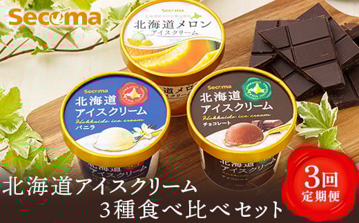 
【定期便：3回】Secoma 北海道アイスクリーム3種食べ比べセット（バニラ・メロン・チョコレート） アイス 北海道 ふるさと納税 定期便 定期 食べ比べ バニラ メロン チョコ 北海道 羽幌町 羽幌【01105】
