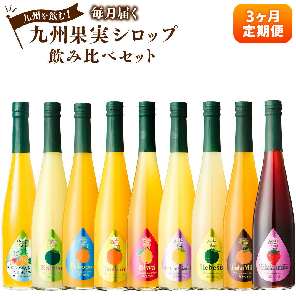 【ふるさと納税】【3ヶ月定期便】 九州を飲む！ 毎月届く九州果実シロップ 飲み比べセット 合計4.5L 500ml×3本×3回 合計9本 定期便 あまおう みかん ヘベス 晩柑 びわ タンカン デコポン カボス 柑橘 フルーツ 果実 果汁 国産 九州 送料無料