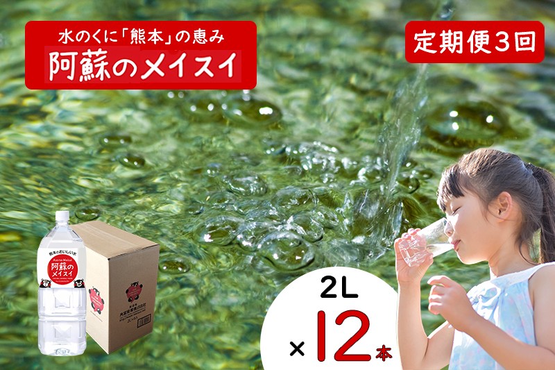 
            【ふるくま】定期便 3回 阿蘇のメイスイ 阿蘇山 天然水 2L × 12本 2ケース  熊本 阿蘇 水 みず 飲料 くまモンラベル 熊本県 ミネラルウォーター 非加熱殺菌 賞味期限2年 730日 備蓄 保存用
          