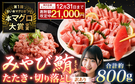 本マグロ大賞受賞 みやび鮪 たたき 約400g （約4～5人前） ・ 【訳あり】 みやび鮪 切り落とし 端っこちゃん 約400g （約4～5人前） 合計約800g 訳アリ わけあり 理由あり 鮪 まぐろ 本マグロ 本鮪 本まぐろ タタキ トロ 魚 九州 長崎県 長崎市 冷凍
