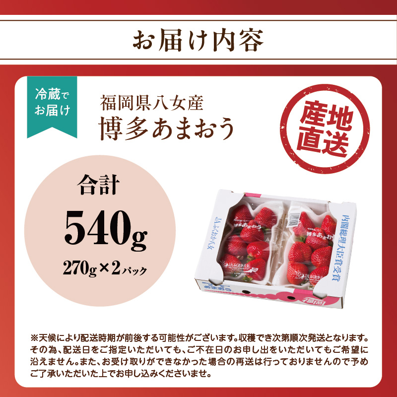 【先行受付：2026年2月発送開始】博多あまおうＧ270g×2パック｜ＪＡふくおか八女 あまおう いちご 苺 イチゴ フルーツ 果物 くだもの 人気  旬 福岡県産 大粒 アフター補償 数量限定 期間