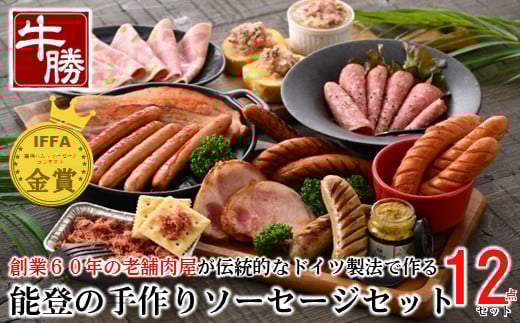 
            IFFA 金賞 ソーセージ 6種 12点 詰め合わせ 粗びき プレーン 国産 豚肉 豚 厚切り ベーコン サラミ レバー ペースト 贈り物 贈答 贈答用 ギフト 能登豚 ブランド 冷蔵 時間指定 包装 ソーセージセットC  [B033]
          