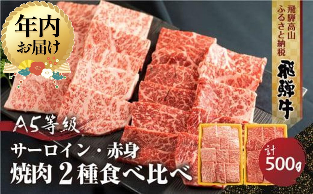 
            【年内配送が選べる】2種食べ比べ 焼肉！飛騨牛 A5等級  ( サーロイン250g＋赤身もも 250g)  500g | 発送時期が選べる 年内発送 黒毛和牛 ブランド牛 丹生川精肉 JJ003VP
          