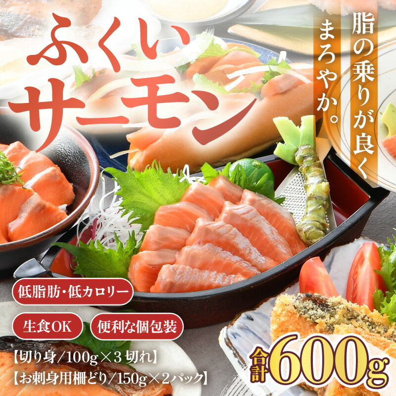 【ふるさと納税】ふくいサーモンセット 計600g（切り身100g×3切・柵どり150g×2パック）＜鮮度抜群！アレンジ自在！真空冷凍＞ ／サーモン さーもん 鮭 しゃけ サケ カルパッチョ 生食OK 刺身 国産 個包装 冷凍 海鮮 海鮮丼 福井県 あわら市