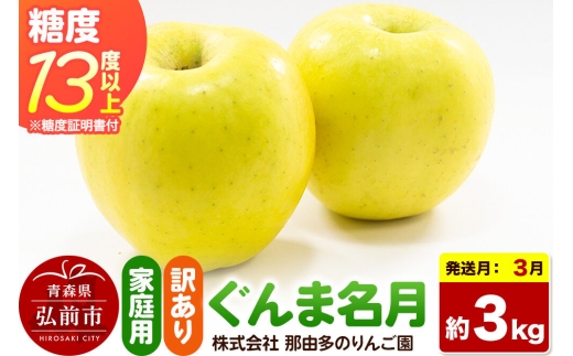 【27年3月クール便発送】りんご ぐんま名月【訳あり】約3kg 糖度13度以上（糖度証明書付）【先行受付】家庭用 青森県 弘前市 果物 フルーツ 林檎 リンゴ くだもの 不揃い 規格外 [先行予約 クール便 産地直送 家庭用 アップル おいしい 果実 美味 甘い 黄色]