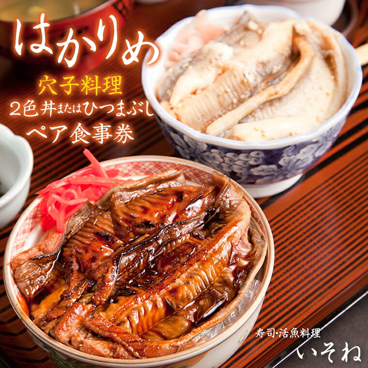 【ふるさと納税】食事 券 チケット 2名 ペア 穴子 はかりめ 2色丼 ひつまぶし おすすめ 名物 あなご アナゴ 丼 どんぶり ひつまぶし 海鮮 魚介 魚貝 体験 海の幸 ご当地グルメ 煮穴子 寿司 活魚料理 いそね