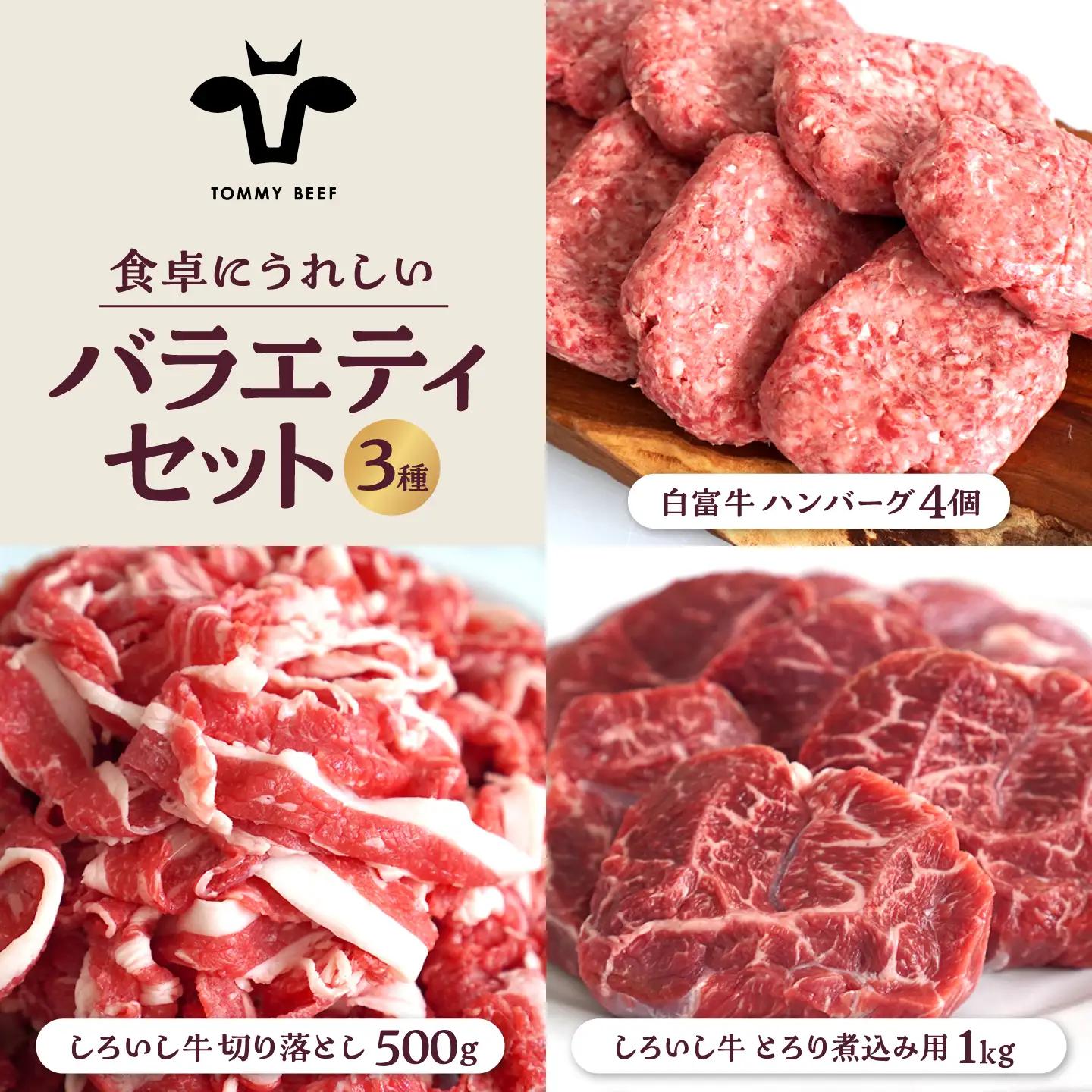 食卓にうれしいバラエティ セット（白富牛 手ごねハンバーグ 4個＆切り落とし 500g＆とろり煮込み用 1kg） 佐賀セントラル牧場 [IAH193]