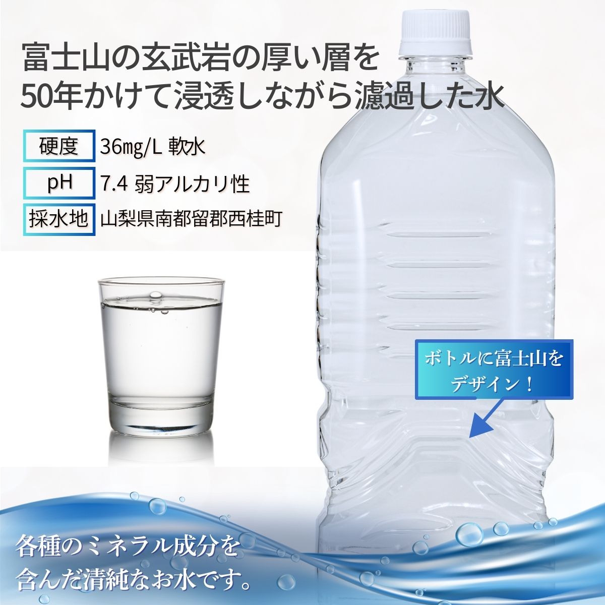 ミネラルウォーター「甲斐のやさしい水 富士山麓」ラベルレス2L 6本 2ケース／ お水 軟水 飲料 飲料水 天然水ペットボトル 生活必需品 消耗品 備蓄 防災 災害対策 エコ 人気 まろやか おいしい