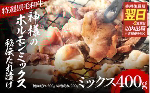 【 スピード発送 】【 特選 黒毛和牛 】 神様のホルモンミックス 秘伝たれ漬け 400g（焼肉だれ1p＋味噌だれ1p）