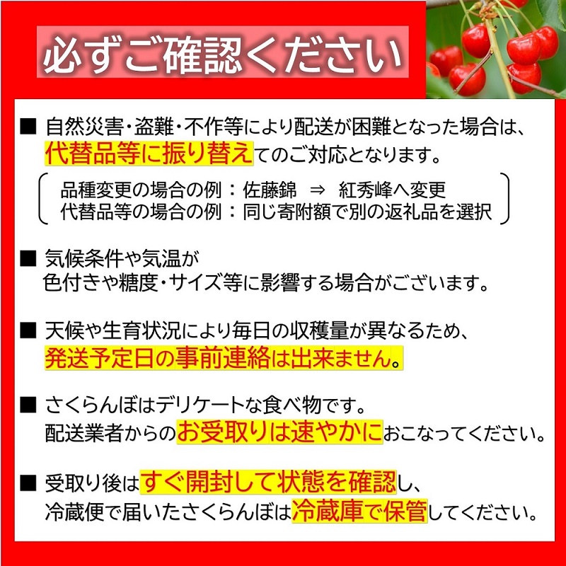 【令和8年産先行予約】 厳選品！手詰め さくらんぼ 「佐藤