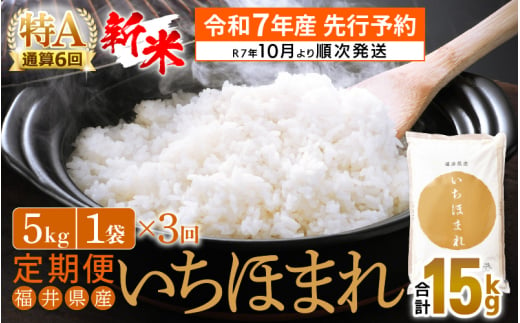 【新米・先行予約】令和7年産 お米 定期便 3回 いちほまれ 5kg × 3回（計15kg）特A通算6回！福井県産【米 コメ kome 3ヶ月連続 計15キロ 精米 白米】【令和7年10月より順次発送予定】 [e27-c005]