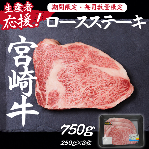 【D003】【生産者応援！】宮崎牛ロースステーキ750g（250g×3枚 宮崎牛 和牛 国産 牛肉 霜降り ステーキ ロース 冷凍 送料無料）