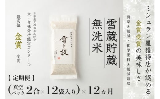 【 先行予約 定期便 12ヶ月 】 無洗米 24合 ( 2合 × 12袋 ) × 12回 令和7年産 新米 魚沼産 コシヒカリ 雪と技 特別栽培米 真空パック | 金賞 雪蔵貯蔵 藤ノ木株式会社