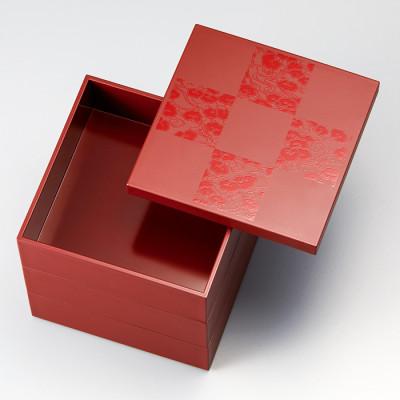 ふるさと納税 鯖江市 越前塗 彩雲市松 50三段重 吟朱 15×15×15.7cm シール蓋付