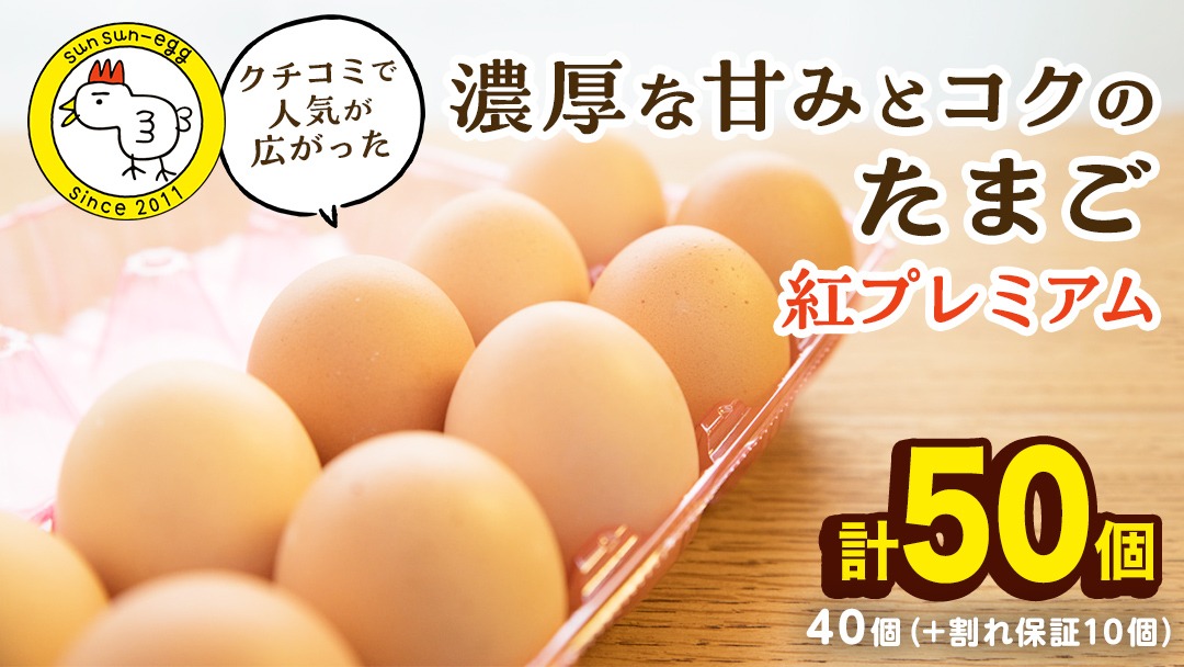 紅プレミアム 卵 50個 （ 40個 入り ＋ 割れ保障 10個 ） 独自飼料 濃厚 おいしい玉子 玉子 たまご サンサンエッグ タンパク質 [CX03-NT]