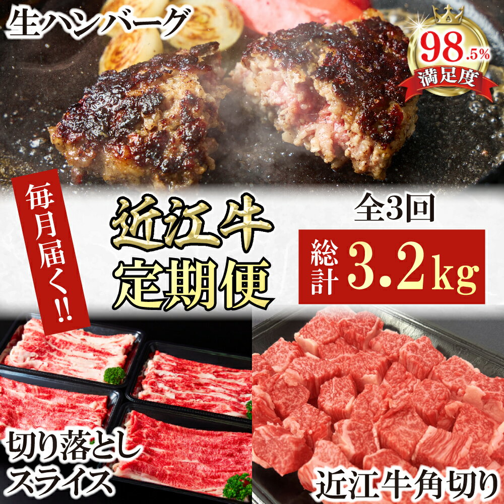 【ふるさと納税】【定期便】近江牛定期便 ハンバーグ / 切り落とし / 角切り 全3回 ハンバーグ すき焼き プレミアム生ハンバーグ 1.2kg（約120g×10個） / 切り落としスライス 食べ比べ ブリスケ バラ 1kg / 角切り 500g×2 煮込み用 牛肉 国産 近江牛 日本三大和牛 冷凍