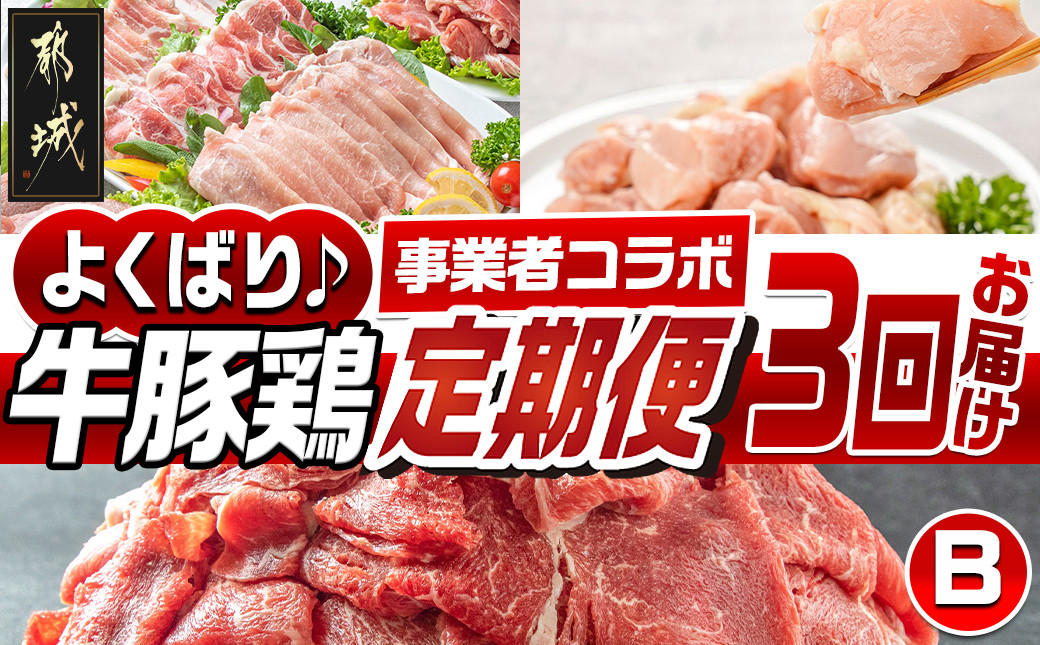 
            【事業者コラボ定期便】牛豚鶏よくばり3回定期便B_T48-MY02_(都城市)宮崎牛 赤身 切り落とし きなこ豚 南九州産若鶏 もも切身 ロース 肩ロース ヒレ ウデ バラ モモ しゃぶしゃぶ スライス 生姜焼き
          