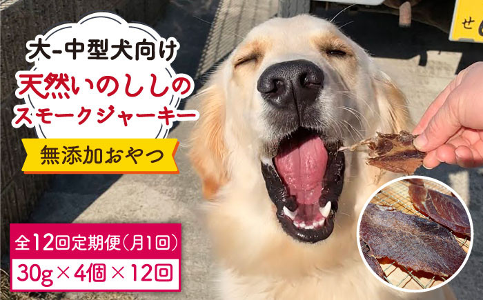 
＜12回定期便＞中大型犬向け☆天然いのししスモークジャーキー4個 わんこin食堂/吉野ヶ里町 [FCG069]
