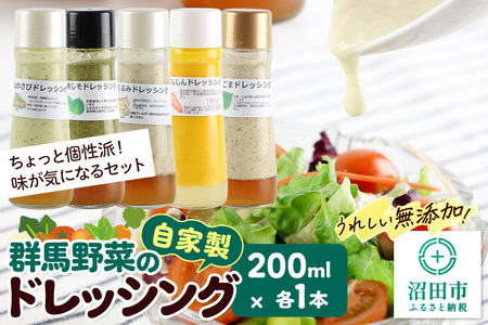 自家製・群馬産野菜で手作りドレッシング（くるみ、山わさび、青じそ、にんじん、えごま）200ml×各1本 泙川食品