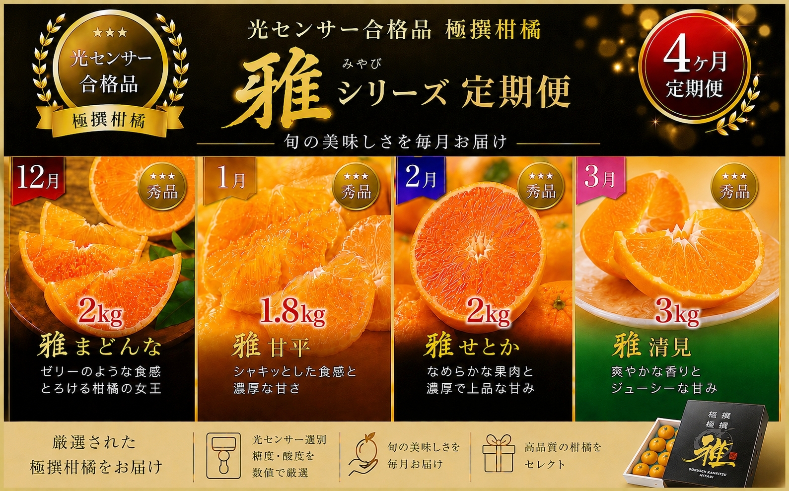 【発送月固定定期便】極撰柑橘「雅」光センサー合格品　まどんな・甘平・せとか・清見【39-93】全4回 YWTF068