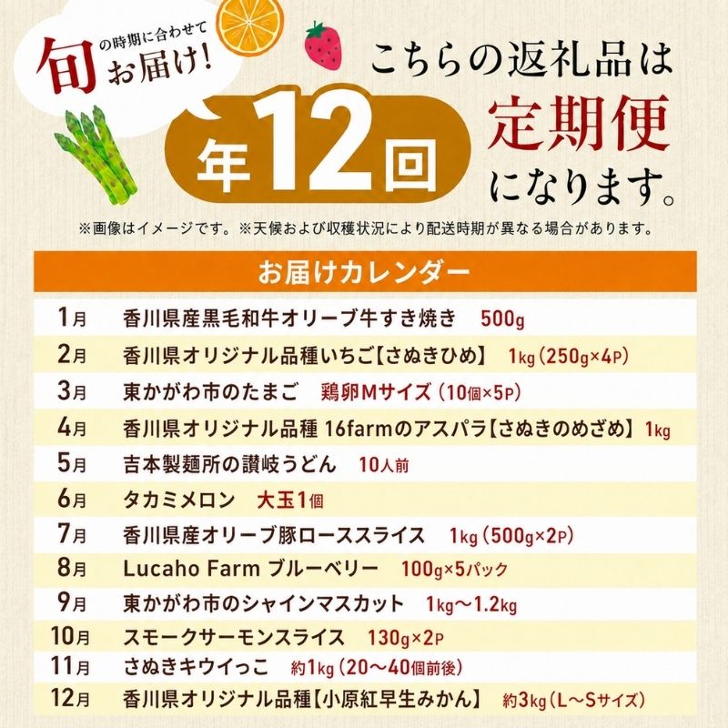 定期便 頒布会 12ヶ月 12回 香川県産 黒毛和牛 オリーブ牛 オリーブ豚 スモークサーモン サーモン さぬきひめ いちご さぬきのめざめ アスパラ シャインマスカット ブルーベリー タカミメロン 