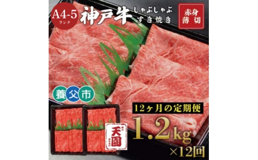 ＜毎月定期便＞＜ふるさと納税＞神戸牛 赤身 モモ しゃぶしゃぶすき焼き1200g×全12回【4083895】
