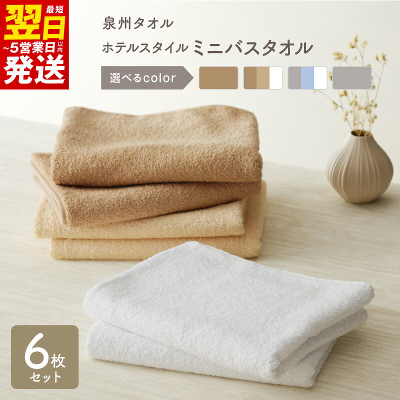 【ふるさと納税】ミニバスタオル ホテルスタイル 6枚 モカ ベージュ ホワイト ライトグレー ブルー 約40×100cm 泉州タオル 綿100％ 日本製 国産 無地 単色 洗濯物軽減 収納コンパクト 日用品 雑貨 まとめ買い セット 最短翌日発送 泉佐野市 送料無料 年内発送