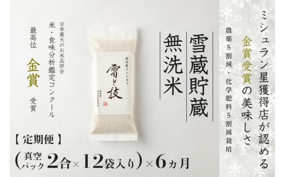 ≪ 令和6年産 新米 先行予約 ≫【定期便】〔 真空パック 2合 ×12袋 〕×6ヵ月《 雪蔵貯蔵 無洗米 》 金賞受賞 魚沼産コシヒカリ 雪と技  農薬5割減・化学肥料5割減栽培