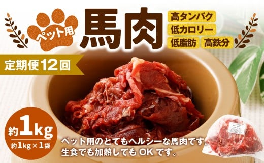 【12回定期便】ペット用馬肉 約1kg×1袋 合計約12kg ペットフード 馬 肉 高タンパク 低カロリー