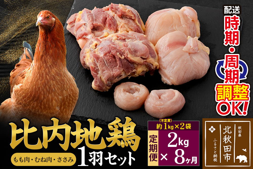 
            《定期便8ヶ月》 比内地鶏 1羽セット（もも肉・むね肉・ささみ）約2kg（約1kg（不定貫）×2袋）×8回 計16kg 時期選べる お届け周期調整可能 8か月 8ヵ月 8カ月 8ケ月 16キロ 国産 冷凍 正肉 鶏肉 鳥肉
          