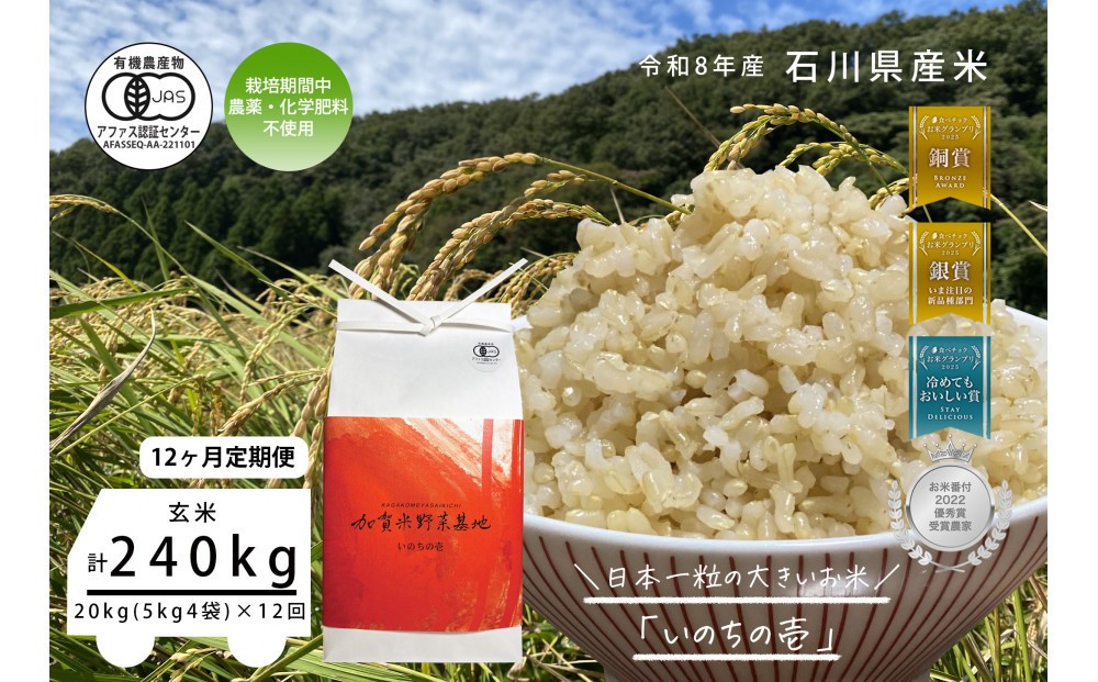 
                  《令和8年産 新米 先行予約》「12ヶ月定期便」【お米グランプリ3部門受賞】＜有機JAS認証米＞日本一粒の大きいお米『いのちの壱』玄米20kg×12回
                