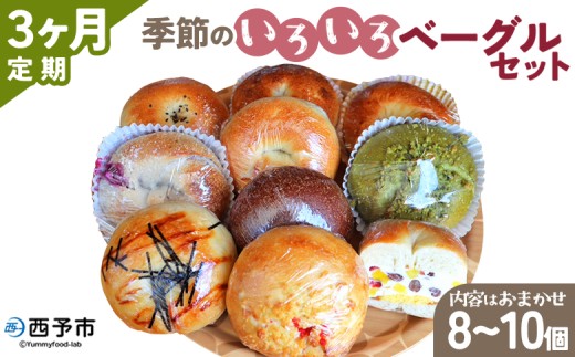 ＜季節のいろいろベーグルセット（おまかせ 8～10個）3ヶ月定期便＞ お楽しみ プレーン ショコラ 粒あん めんたいじゃがバター 苺 チーズ くるみ クッキー 抹茶 ブルーベリー  国産小麦 自家製酵母 マルーンベーグル 愛媛県 西予市【冷凍】『お申込み月の翌月より配送を開始します』