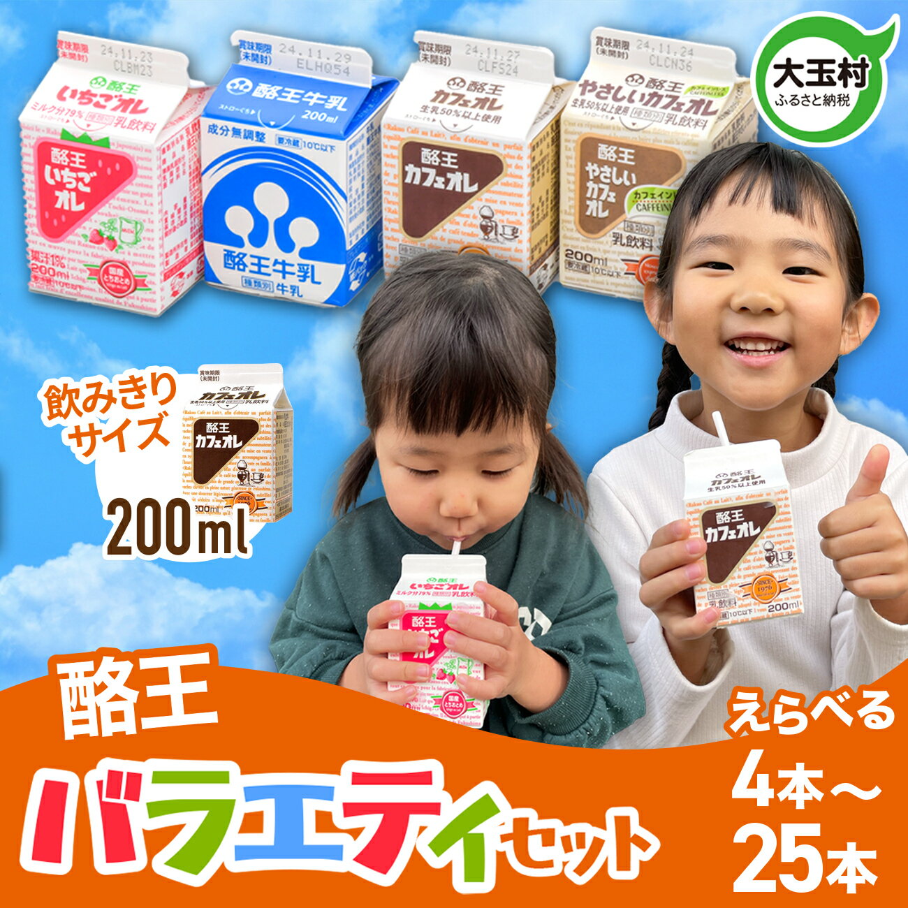 【ふるさと納税】 酪王 バラエティ セット 200ml えらべる本数 4本/10本/25本｜ 酪王カフェオレ 酪王 福島県 大玉村 生乳 牛乳 乳飲料 こども キッズ ミルク カフェオレ カフェ コーヒー いちごオレ 飲みきり 小分け 3000円 ご当地 福島県 大玉村 | pl-va-200ml
