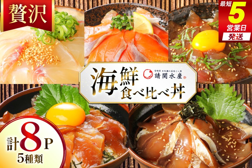 
                  海鮮丼 漬丼 全5種 8食 セット [請関水産 宮崎県 日向市 452061675] ブリ マダイ マグロ サーモン カツオ 海鮮丼の具 海鮮丼セット 食べ比べ 冷凍 漬け丼 簡単 個包装 時短 お茶碗盛り
                