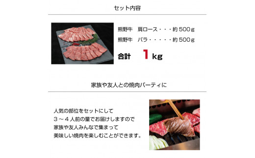 特選黒毛和牛 熊野牛 焼肉セット（バラ・肩ロース） 約１kg【mtf400】_イメージ3