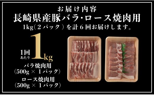 [B603］《定期便》長崎県産豚 バラ･ロース 焼肉用 2種食べ比べ 計1kg(バラ500g×1･ロース500g×1)【6回お届け】
