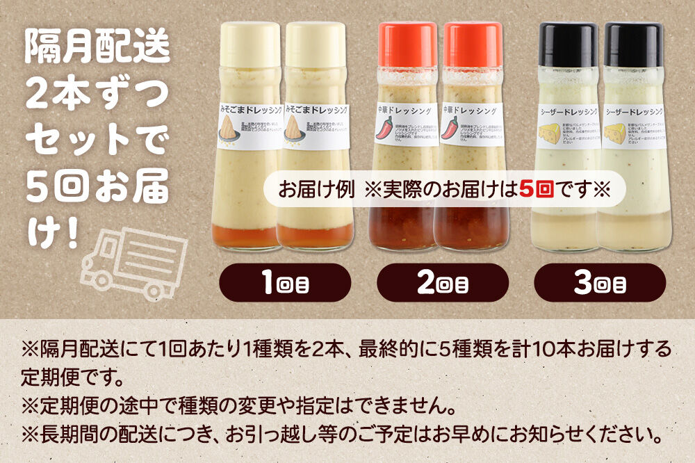 【1種類2本ずつ隔月で5回お届け】自家製・群馬産野菜で手作りドレッシング（くるみ、みそごま、シーザー、玉ねぎ、えごま）お野菜嫌いなお子様も喜ぶ！セット 全5回で全種類堪能 定期便 200ml×2本 泙