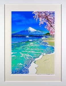 版画 鈴木英人 「湘南の春」 シリアルナンバー入り フレーム付き 直筆サイン入り インテリア アート 絵画 絵 イラスト 風景 富士山 春