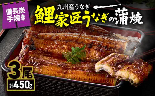 1643-1 九州産うなぎ 備長炭手焼 『鯉家匠うなぎ』の蒲焼 3尾 計450g　KN029-005-02