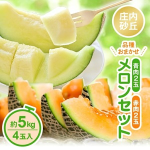 SA2932　庄内砂丘 『青肉・赤肉メロン』セット　約5kg 計4玉(各2玉入) 品種おまかせ