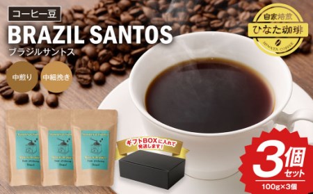 コーヒー豆 粉（ブラジル サントス 中煎り 中細挽き）100g × 3個セット 計300g 珈琲 コーヒー