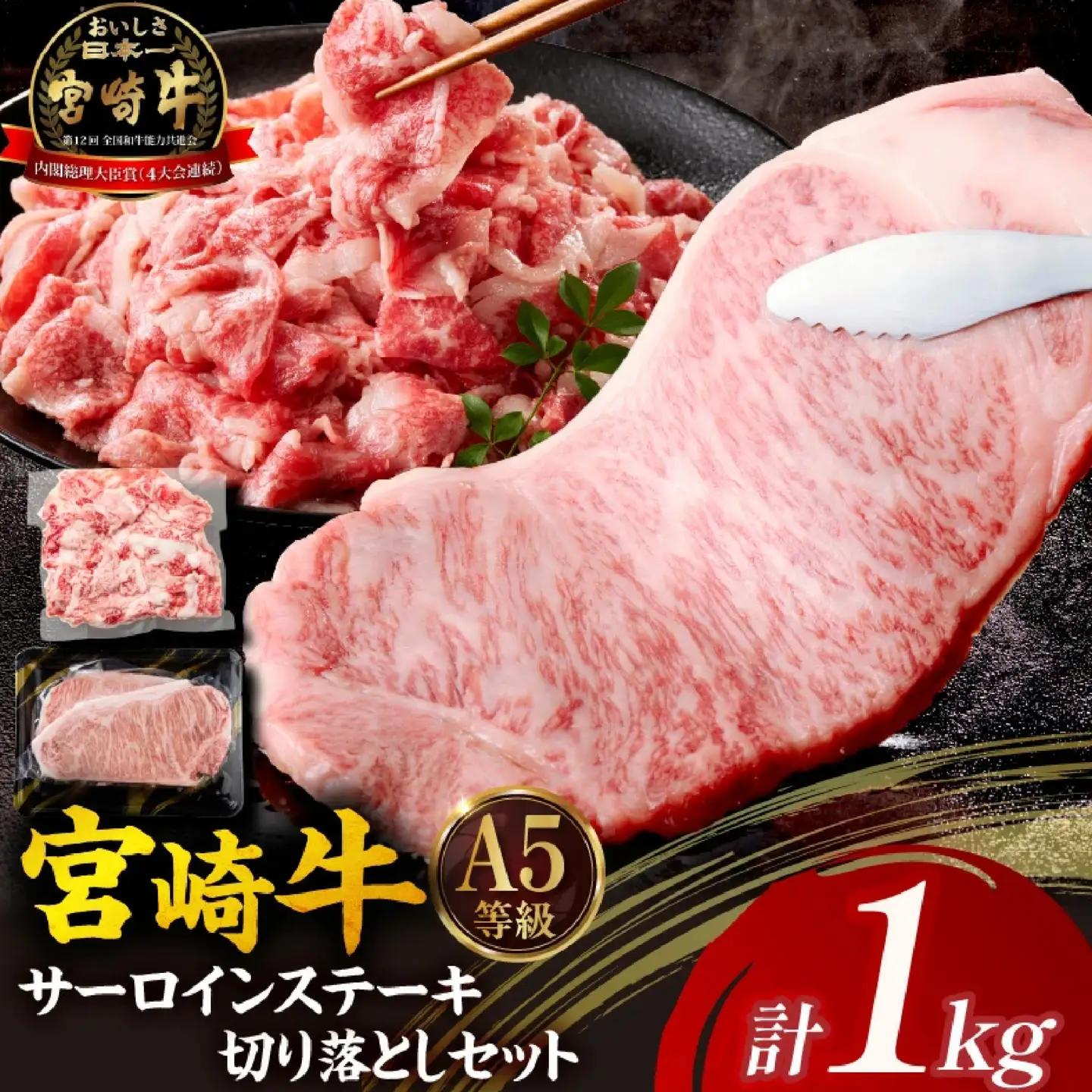【A5等級宮崎牛】サーロインステーキ・切り落としセット計1kg（小林市産 牛肉 和牛 特選 贅沢 厳選和牛 ブランド牛 ギフト 贈答）