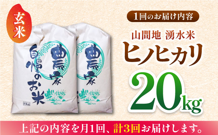 【全3回定期便】山間地 湧水米 ヒノヒカリ 玄米 20kg【「のん気・元気」百姓家】 [YAL010]