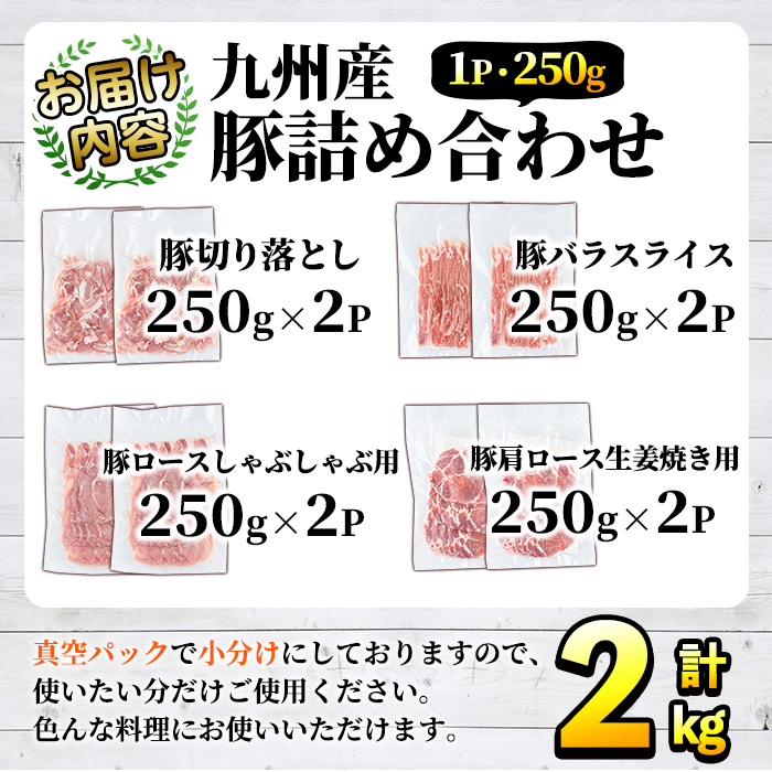 豚肉詰め合わせ(計2kg・1パック250g) 国産 九州産 小分け 個包装 真空パック 定期便 鍋 冷凍配送 ぶた肉 ポーク セット 詰め合わせ ロースしゃぶしゃぶ 肩ロース生姜焼き 豚バラスライス こま切れ【三九】a-14-24