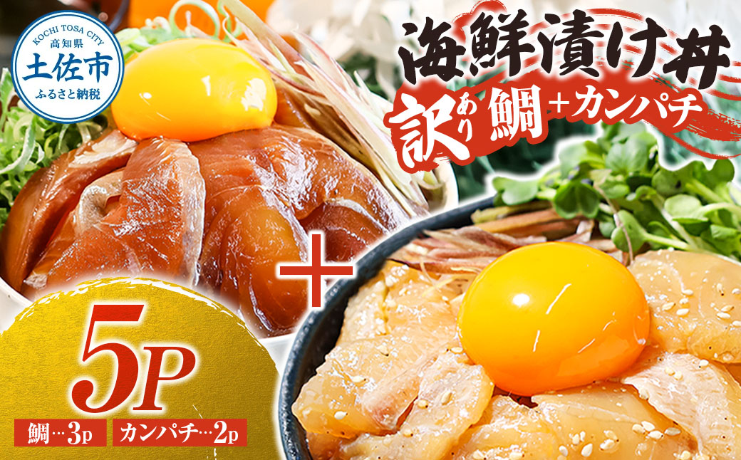 訳あり海鮮漬け丼（タイ3P・カンパチ2P）セット 漬け丼 漬け 鯛 かんぱち 勘八 白身魚 食べ比べ 海鮮 魚 冷凍 食品 保存食 小分け 高知 土佐 海鮮丼 漬け丼 ぶっかけ 鯛めし 惣菜 そうざい 訳アリ わけあり 不揃い 規格外 故郷納税 返礼品