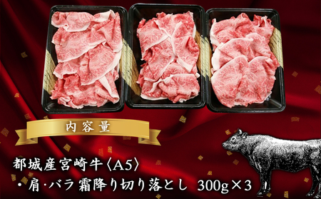 宮崎牛(A5)霜降り切り落とし すき焼き用900g ≪みやこんじょ特急便≫_AC-0103-Q_(都城市) A5等級 国産黒毛和牛 すきやき用 牛肩 牛バラ霜降り切り落とし 300g×3 牛バラ肉 牛