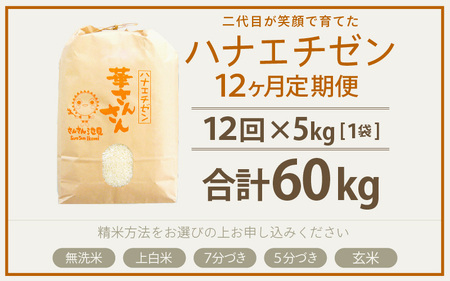 【令和7年産・新米】【12ヶ月連続お届け】ハナエチゼン5kg×12回 計60kg (無洗米) ～福井県産 生産者直送！～ 【米定期便 玄米定期便 回数定期便 こめ定期便 5キロ定期便 定期便】 [N-