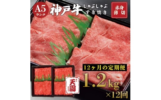 【ふるさと納税 定期便（頒布会）】神戸牛 赤身 モモ しゃぶしゃぶすき焼き 1200g×12ヶ月