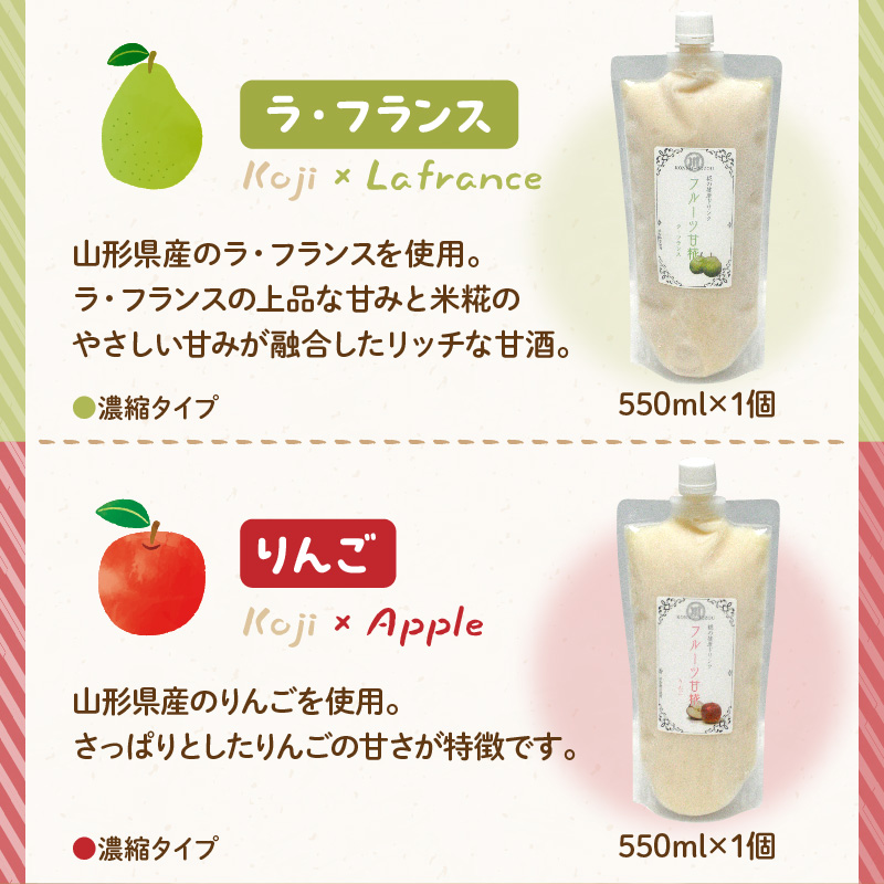 フルーツ 甘糀 濃縮 甘酒 4種 5個 セット ストレート 濃縮 いちご ラ・フランス りんご ノンアルコール 計1,700ml 山形県 米沢市